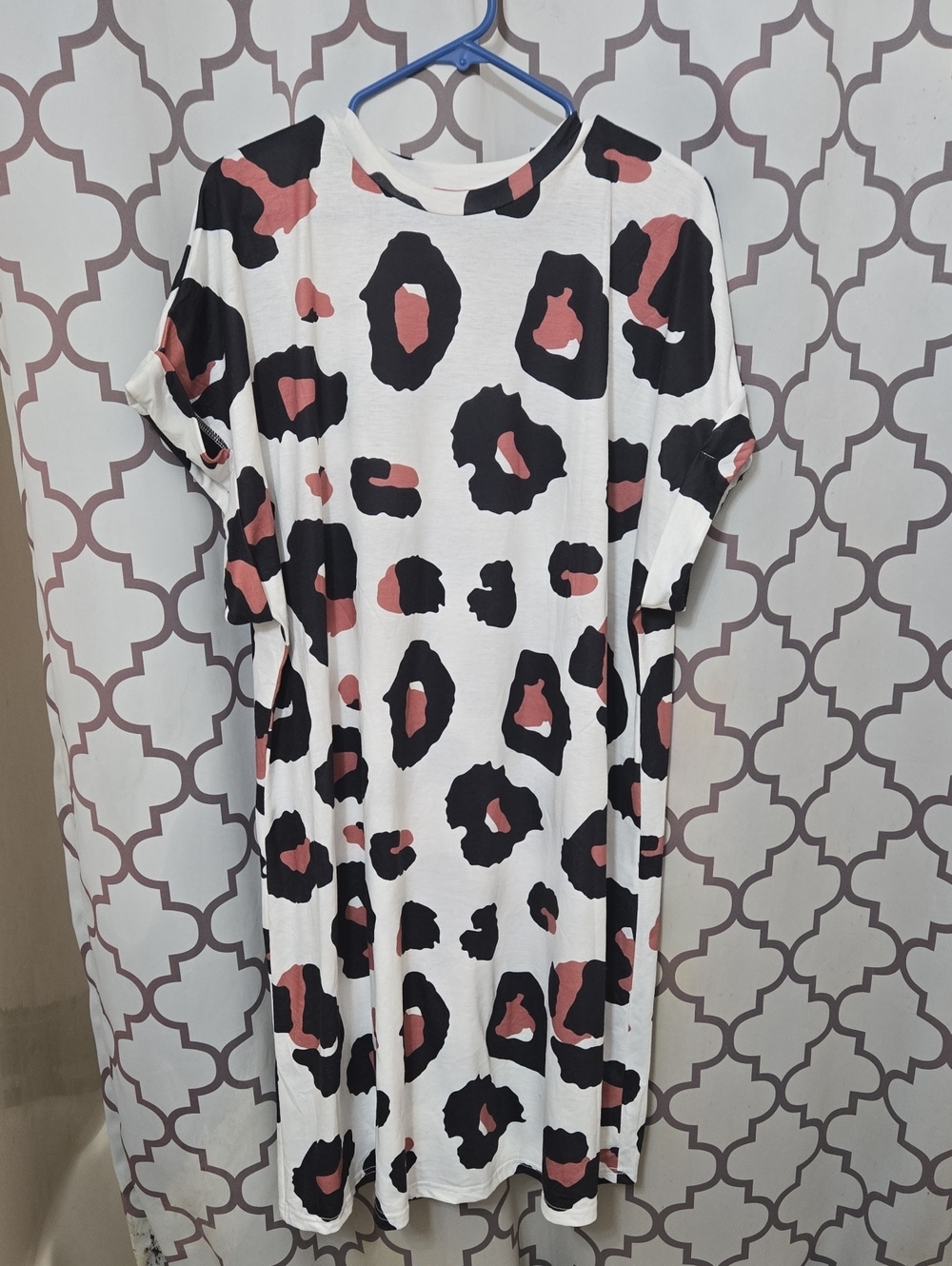 SHEIN White Tee Dress with Black Leopard Spots and Pink Accents